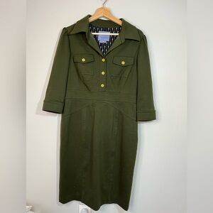 Kay Unger Olive Green Dress Women’s 12 Military Inspired, Office semi-Fitted